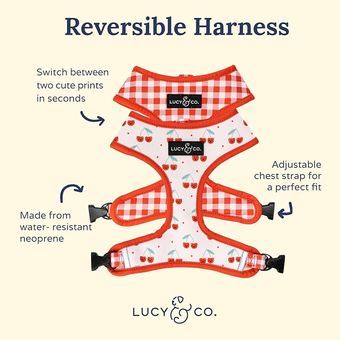 Lucy & Co. Reversible Dog Harness - Water-Repellent Neoprene, Dual-Print Design, Easy Swap Style, Adjustable Comfort Fit - Cheery Cherries Reversible Harness - Medium