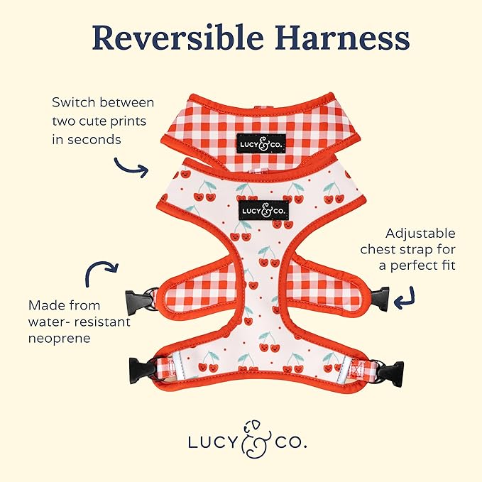 Lucy & Co. Reversible Dog Harness - Water-Repellent Neoprene, Dual-Print Design, Easy Swap Style, Adjustable Comfort Fit - Cheery Cherries Reversible Harness - Large