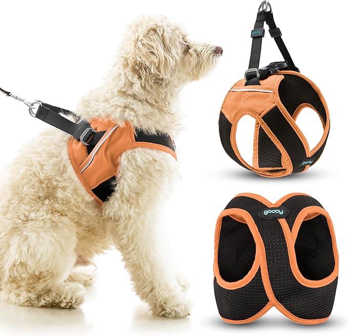 Gooby Escape Free Easy Fit X Step-in Dog Harness, Atlanta Peach, X-Small | Patented escape-free, tightens on back-out; Choke-free X-frame + V-neck; Quick-release buckle; Reflective trim