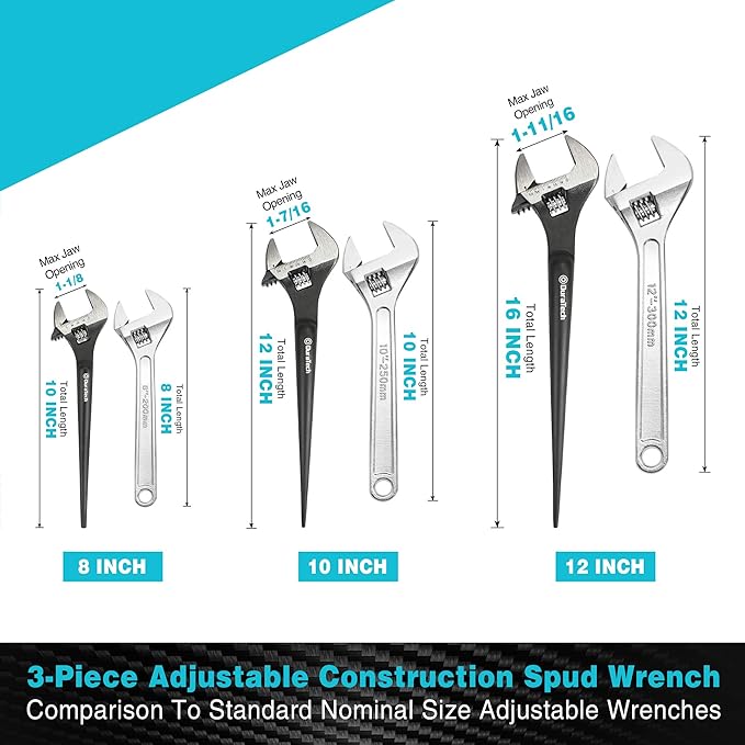 DURATECH 3-Piece Adjustable Construction Spud Wrench Set, 8, 10, 12-inch | Black Oxide Finish, CR-V Steel, SAE and Metric Scale Marked, Alignment Holes and Tail Crowbar Features