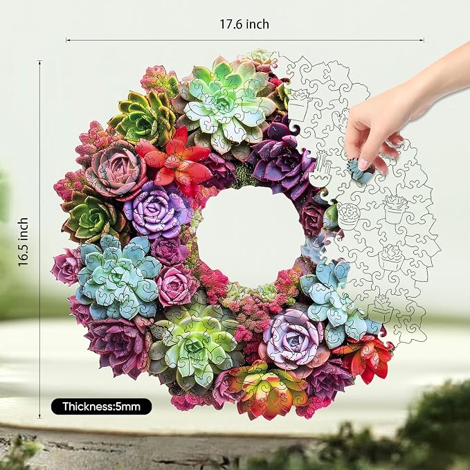 Delobil Succulent Garland Wooden Puzzles for Adults, 500 Pieces Mandala Jigsaw Puzzles, Unique Shaped Royal Size Wood Puzzle Gift for Kids, Family Game 17.6'' x 16.5''