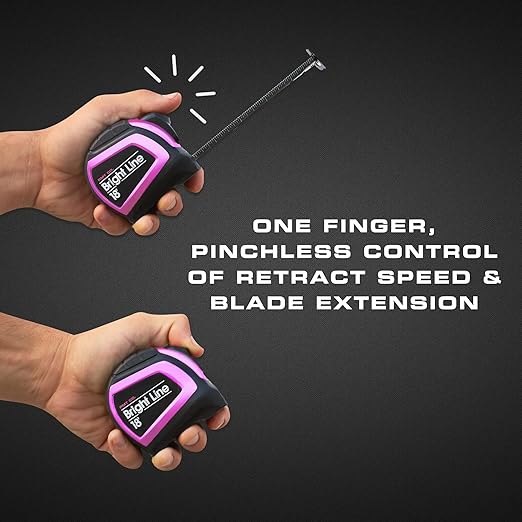 Perfect Measuring Tape - Pink BrightLine High Contrast EasyRead Tape Measure for Low Light (Dark Mode) - Rubber Case 18ft (Inch Fractions) Dual Sided Auto Lock Tape Measure Retractable (Pink)