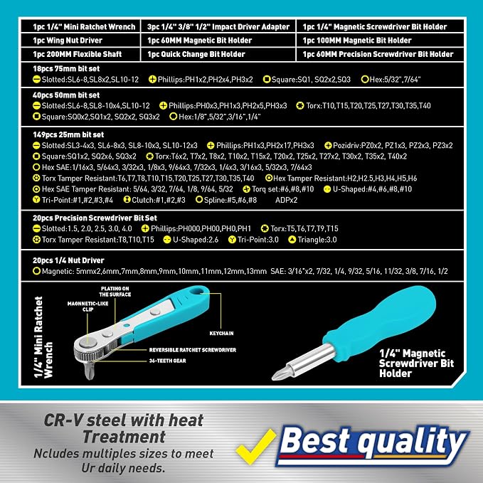Amartisan 258-Piece Ultimate Screwdriver Bit Set,Chrome Vanadium Steel Driver Bit Set, Security bit set, Includes Bits Holder, Nut Driver, etc (Blue)