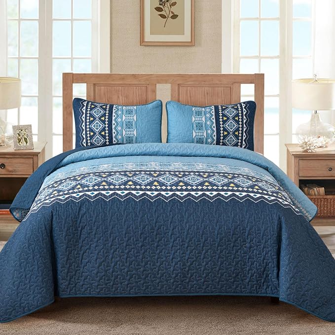 WONGS BEDDING Blue Quilt Set Queen,Boho 3 Pieces Bedspread Coverlet Set with Geometry Printed for All Season,Lightweight Morden Bohemian Bedding Set 96"×90"