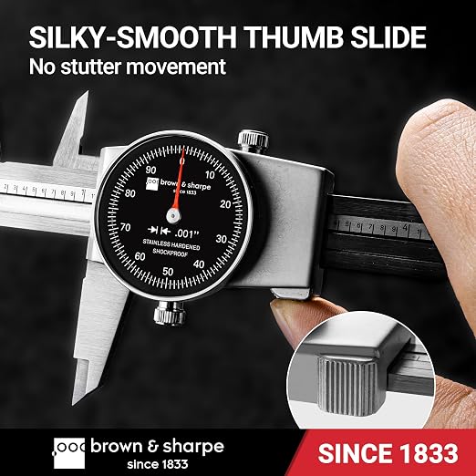 Brown & Sharpe Dial Caliper Measuring Tool 0-6", Swiss Core Movement 0.001" Accuracy, Shock-Proof Dial Vernier Caliper with Locking Screw, 4-Way Measurement, Hardened Stainless Steel, Smooth Operation