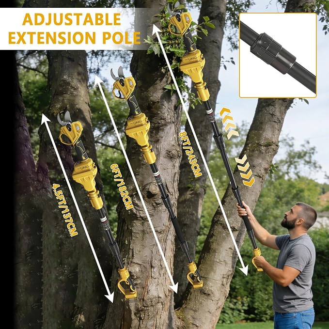 Cordless Pruning Shears Compatible with Dewalt 20V, Electric Pruning Shears with Extension Pole up to 4.57m Range, LCD Display 35 mm Battery Pruning Shears & Loppers for Garden (No Battery)