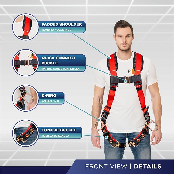 Full Body Harness with 5 Point Adjustment, Dorsal D-ring, Grommet Legs, Two Side D Rings, and Fall Indicators