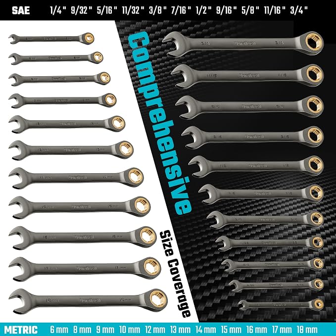 DURATECH Anti-Slip Ratcheting Wrench Set, 22-piece, Metric & SAE | Combination Wrench Set, 1/4" to 3/4" & 6-18mm, 72-Tooth, CR-V Steel, Nickel Plating