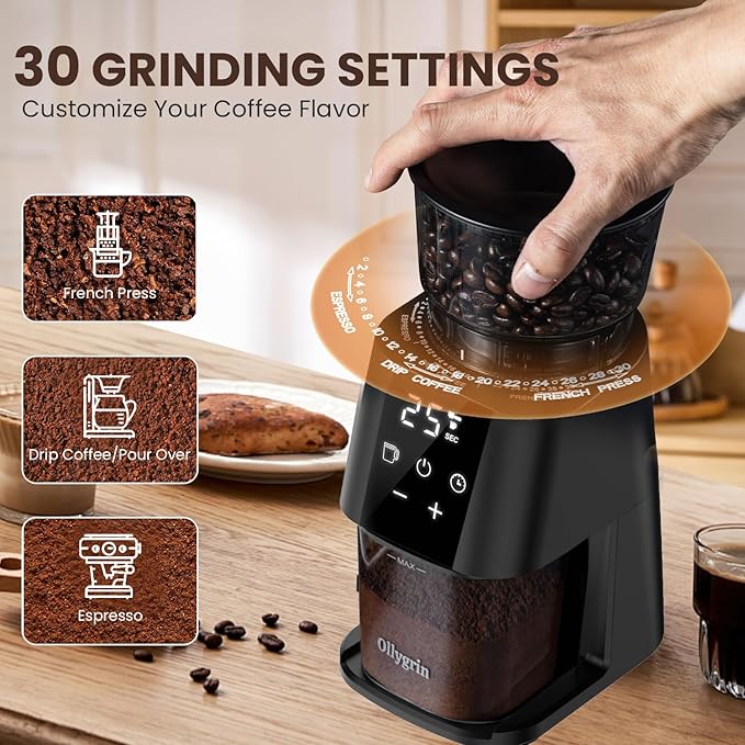Ollygrin Electric Conical Burr Coffee Grinder, Coffee Grinder with 30 Grind Settings, Touchscreen Coffee Grinder for Home Use, Compact Coffee Bean Grinder for Espresso, Drip, French Press