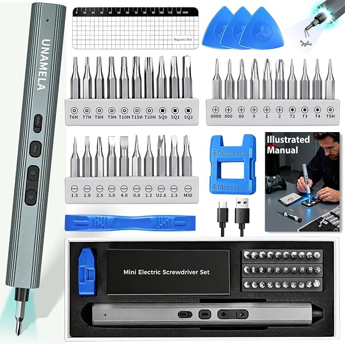 Mini Electric Screwdriver Set Upgraded: UnaMela Small Electric Precision Screwdriver Cordless - 30 S2 Bits, 3 Torque Settings, 4 LED Lights, Power Screwdriver Repair Tool Kit for PC RC Electronics