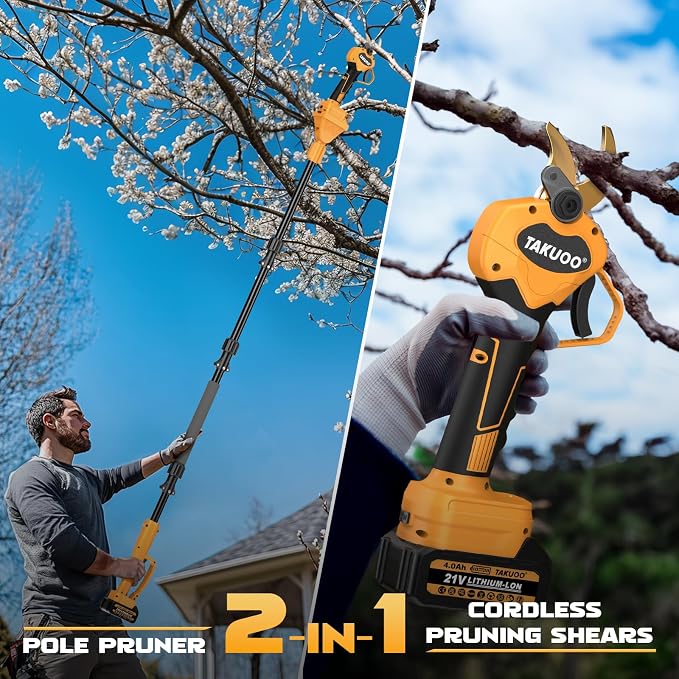 Takuoo 2-in-1 Pole Pruning Shears Cordless, 1.6" Cutting Diameter Electric Pruning Shears with Extension Pole, 21V 2×4.0Ah Battery Powered Pruner, 13.7FT Reach Power Pole Pruner for Tree Trimming