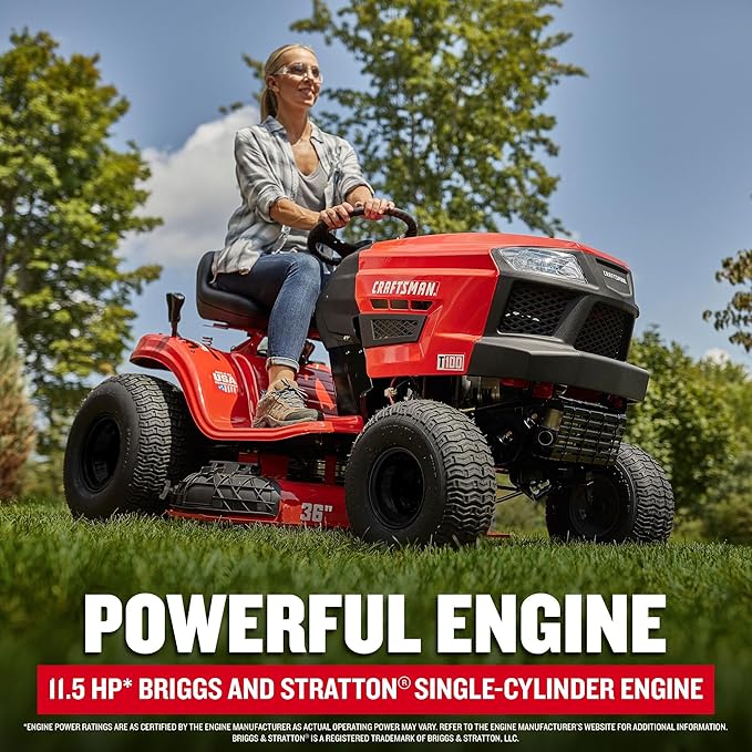 CRAFTSMAN 36" Gas Riding Lawn Mower with 11.5 HP* Briggs and Stratton Single-Cylinder Engine, Gas Lawn Tractor with 7-Speed Transmission, Red/Black (13AC77XYA93)