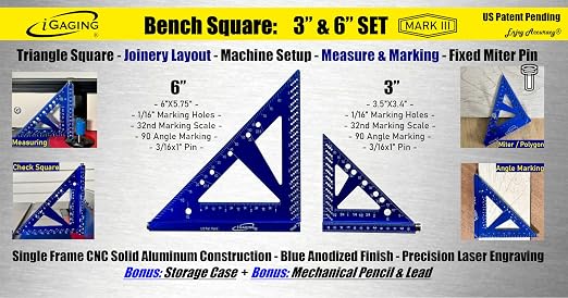 iGAGING Precision Tri Square Bench Square Set, 3" & 6" w/Pin, Plus Pencil & Lead, for Layout, Drawing, & Tool Setup. #36-BS-36