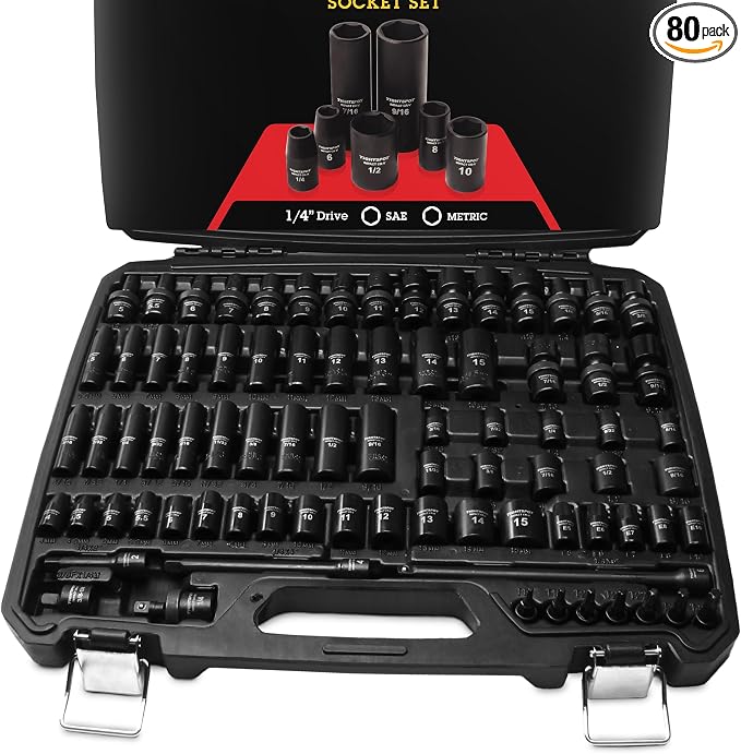 TIGHTSPOT 1/4" Drive 80pc Impact Socket MASTER SET, our Most Complete Set Ever with SAE & Metric from 3/16 Inch - 9/16 Inch, 4mm - 15mm, Standard/Deep/Universal & Torx & Inverted Torx Sockets & More