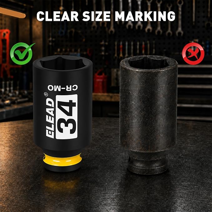 ELEAD 34 mm Socket 1/2" Drive Deep Impact Socket, Metric 6 Point 1/2-inch Drive Impact Axle Nut Sockets, CR-MO Nut Socket Set, Tools for Easy Removal of Axle Shaft Nuts