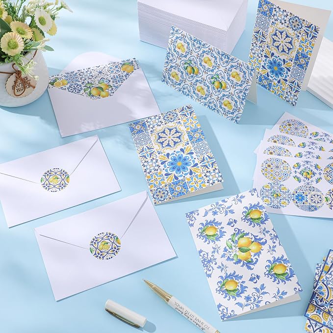 Maitys 200 Set Capri Lemon Blank Cards and Envelopes Bulk 4x6 Inch Beautiful Greeting Cards with Envelopes & Stickers 10 Amalfi Coast Lemon Notecards for Wedding Bridal Baby Showers Birthday