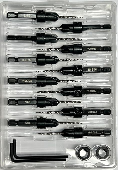 FTG USA 12 Pc #4 (7/64") Countersink Drill Bit Set with Depth Stop Collar, Hex Wrench - Tapered Drill Bits for Wood