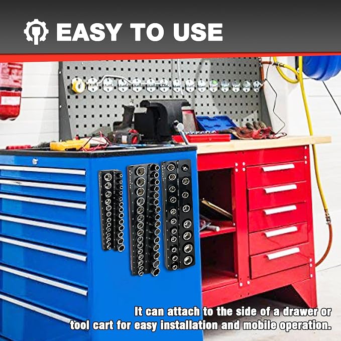 EACELIY Magnetic Socket Organizer Set, 1/2", 1/4" and 3/8" SAE & Metric Deep & Shallow Socket Holder Kit, holds 141 stanard Sockets, attaches to steel box/tool cart (sockets not included) 丨6PCS