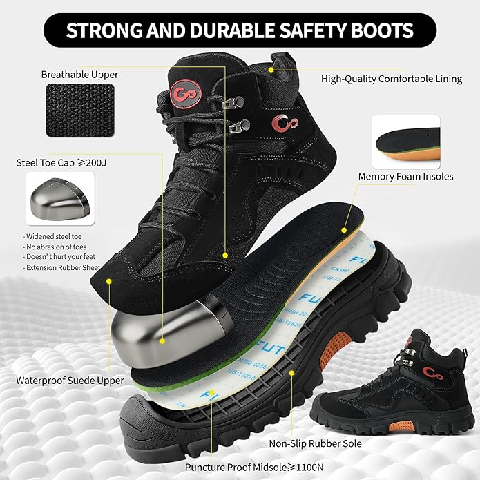 Ablanczoom Work Boots for Men Steel Toe - Construction Footwear Slip Resistant Comfortable Breathable Durable Safety Boot