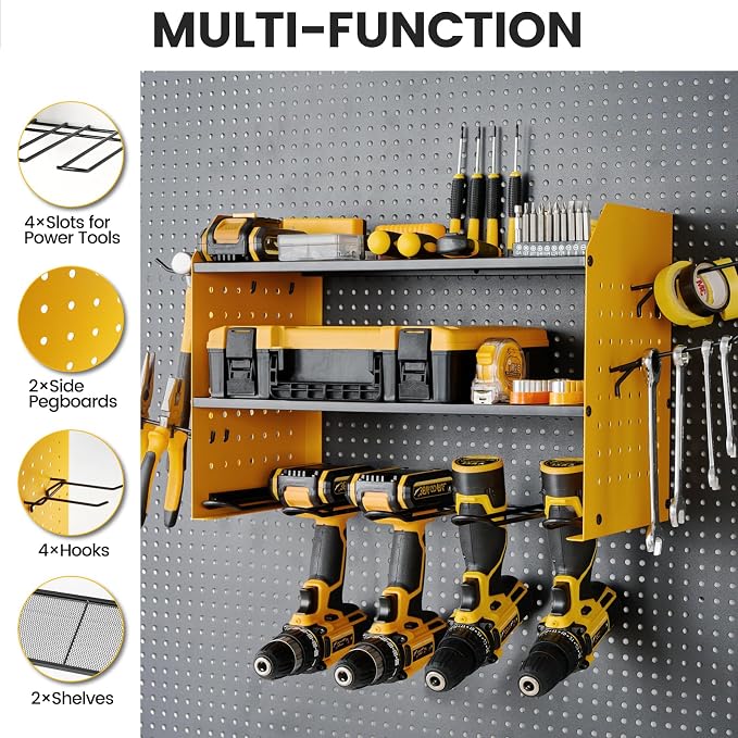 TRZZ Power Tool Organizer Wall Mount, 3-Layer Drill Holder with 2 Side Pegboards, Cordless Drill Rack with 4 Hooks, Efficient Storage for Workshop, Garage, and Tool Room (Yellow)