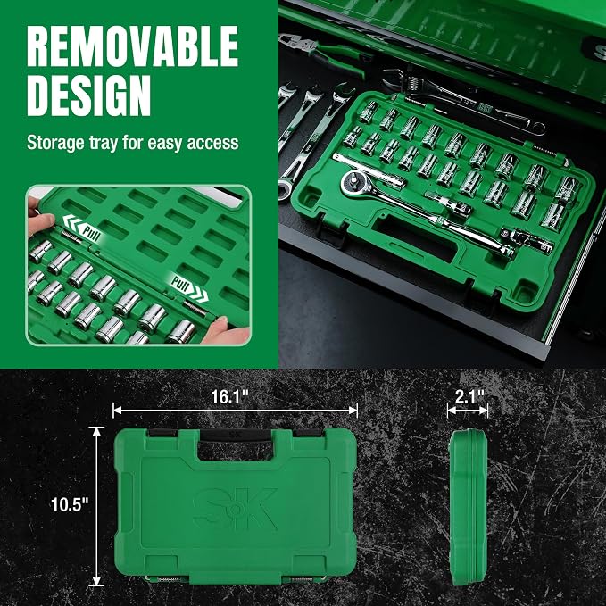 SK 1/2" Drive Socket Set with 216-P Ratchet, 23-Piece, SAE & Metric Sockets | Quick-Release Ratchet, SuperKrome Finish, Premium CR-V Steel, Heat Treated, with Storage Suitcase