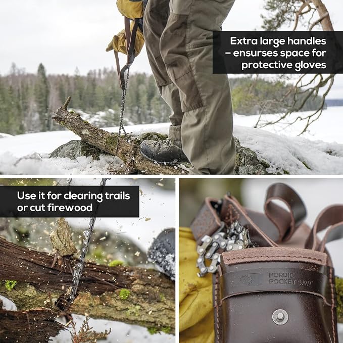 Nordic Pocket Saw for Camping - 25.6 Inch Pocket Chainsaw with 33 Bi-Directional Teeth - Made in Sweden with Organic Leather Handles and Case- Survival Saw and Emergency Saw for Clearing Trails