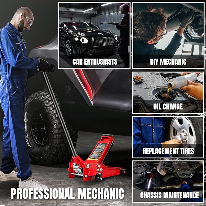 Big RED 3 Ton Low Profile Hydraulic Floor Jack, Dual Pump 6600lbs Heavy-Duty Steel, 3.125"-20" Lift for Cars/Trucks/SUVs w/Overload Protection & 1-Yr Warranty