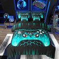 Erosebridal Boys Gamer Bed in a Bag King Size Comforter Set 7 Pieces Ombre Art Honeycomb Sheet Set Teal Neon Lights Bedding Set Game Consoles Bed Set Geometry Hexagon Beehive Gaming Room Decor