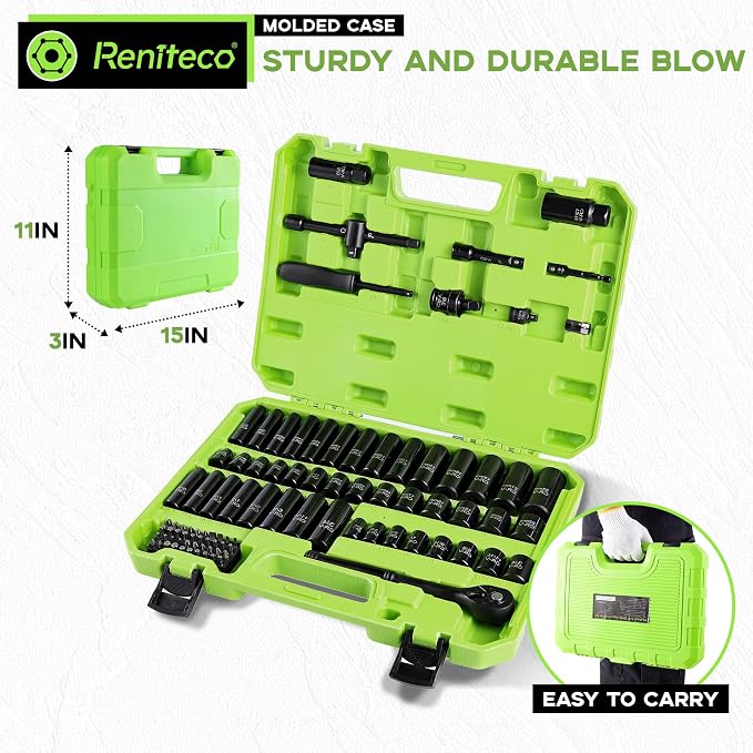 Reniteco 95-Piece 3/8" Drive Socket Set, SAE 5/16"-3/4" & Metric 8-22mm | Ratchet Handle, Extension Bar, Adapters, Universal Joint, Drill Adapter, Screwdriver Bits, Spark Plug Sockets