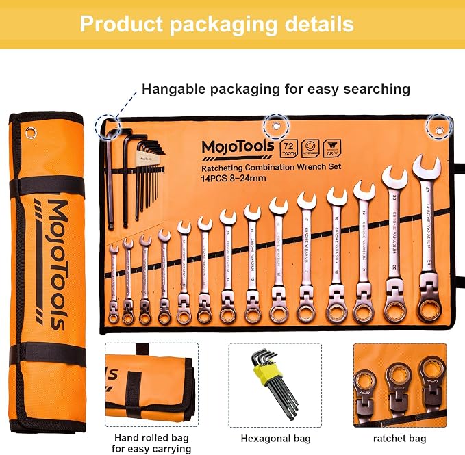 23-Piece Metric Wrench Set, Ratcheting Wrench Set with 8-24 mm Flex-Head Combination Wrenches, 9 Allen Keys, 72-Tooth Cr-V Steel, Nickel Plated, Organizer Bag