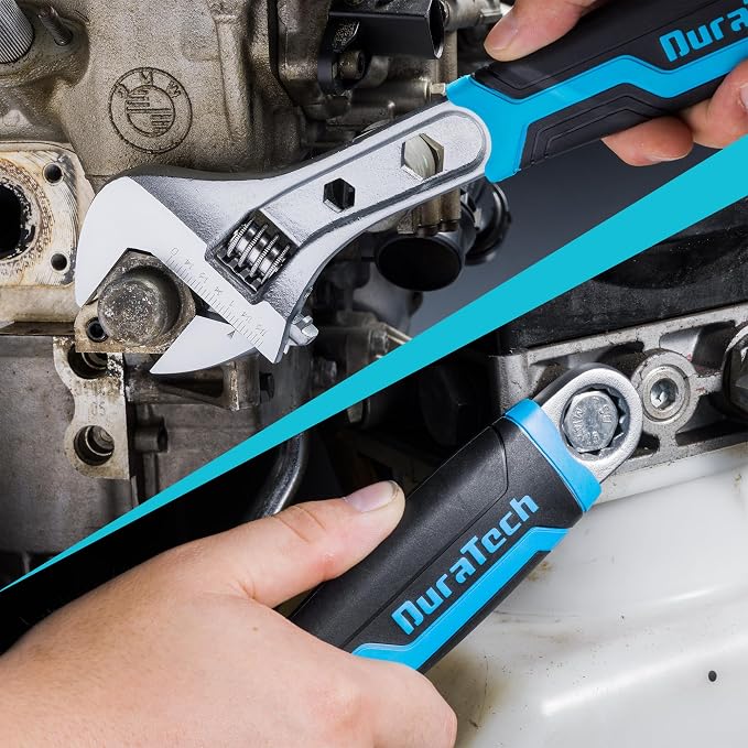 DURATECH 12 Inch Adjustable Wrench, 3-in-1 Spanner | Box End, Hex Function, CR-V Steel, Metric & SAE Scales, Chrome-plated, Bi-material Soft Grip