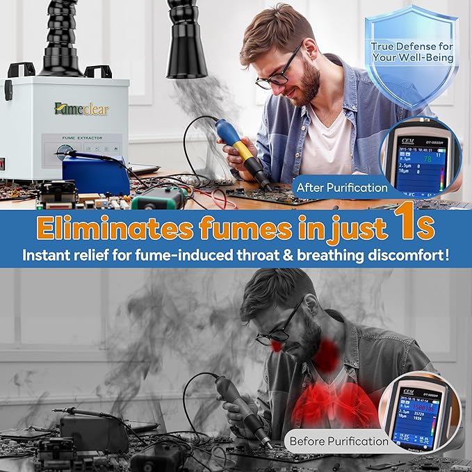 FumeClear Solder Fume Extractor - Powerful 100W Suction 200m³/h, Low-Noise, 3-Stage Filtration System with 12PCS Filters for Laser Welding Smoke Absorption and Desktop Soldering