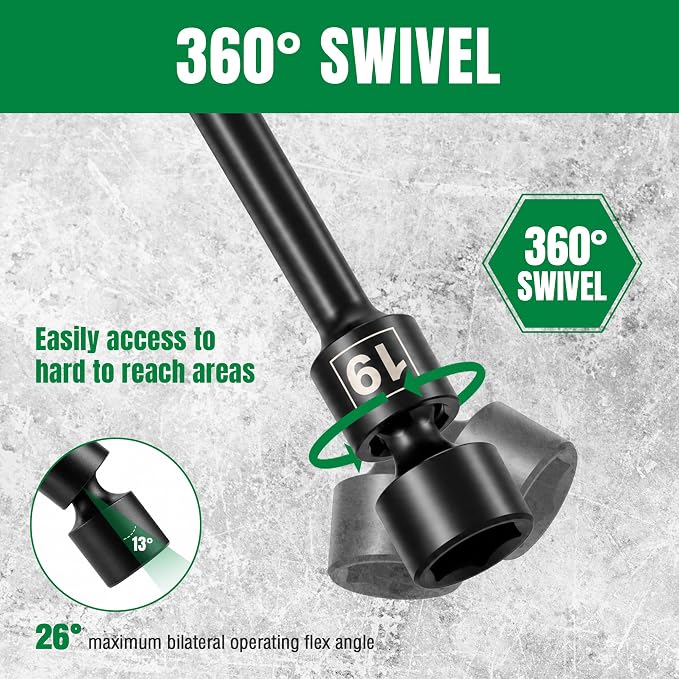 SK 3/8'' Drive Pinless Universal Impact Extension Socket Set, CR-Mo Steel | 360° Swivel, Metric 6-Point 10-19mm Wobble Socket, 10-Piece, Exceeds ANSI/ASME by 1.3X Torque, 10'' Long Reach Torque Saver