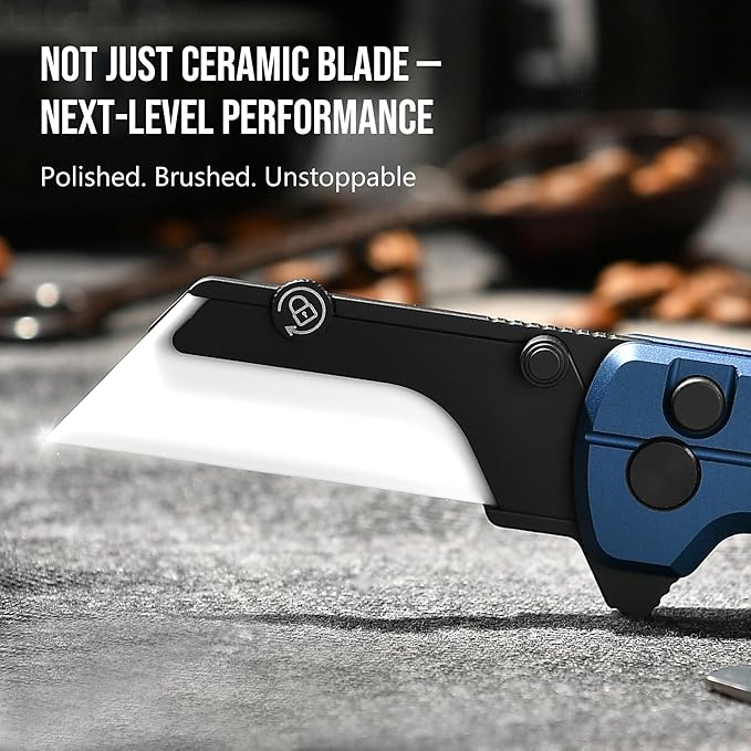 OKNIFE U1 Ultra Pocket Folding Utility Knife with Ceramic Blade, Lightweight O-Aluminum Handle Box Cutter with Clip, Button Lock Pocket Knife for Men Women (Navy Blue)