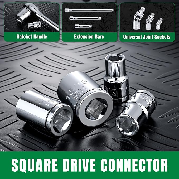 SK 1/2" Drive Socket Set, SAE Sockets, 11-Piece 7/16" to 1-1/16" | SuperKrome Finish, Premium CR-V Steel, with Aluminum Socket Organizer
