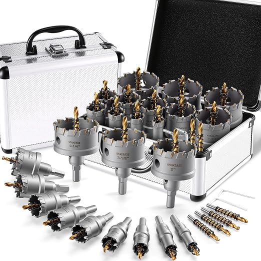 WORKEASE 18 PCS Metal Hole Saw Kit, 5/8" to 2-1/8" TCT Carbide Hole Cutter Set for Stainless Steel, Iron, Aluminum, Brass - Heavy Duty Cutting Drill Bits with 4 Pilot Drills & Storage Case