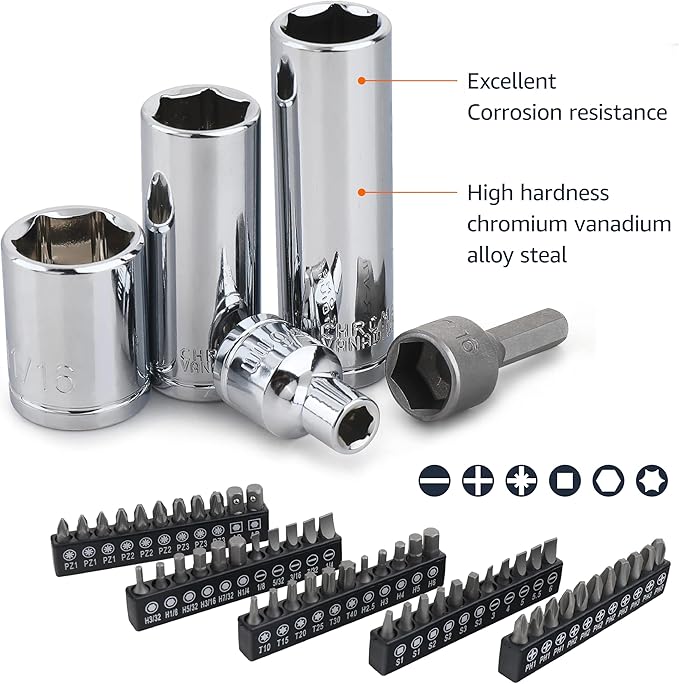 Amazon Basics 201-Piece Mechanic's Socket Tool Set With Case, SAE and Metric Sizes, Chrome-Vanadium Steel, Portable