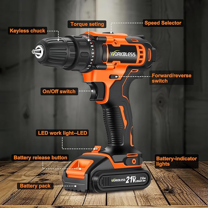 WORKBLESS 21V Power Drill Set, Cordless Drill with Battery and Charger, 3/8'' Keyless Chuck, Variable Speed, 18+1 Torque Setting and 28pcs Bits Tool Set(Orange, 1 Battery)