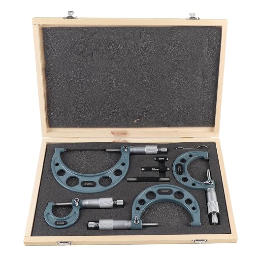 Oumefar 0‑100mm Outside Micrometer Set, 4pcs Cast Iron Outside Micrometers 0.01mm Accuracy External Micrometer 0-4 Inch for Diameter Measurement with Case