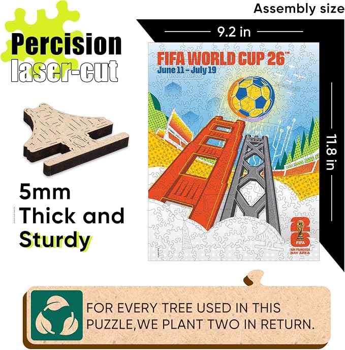 FIFA World Cup 2026 City Puzzle San Francisco Poster - Wooden Puzzles, 200 Pieces Unique Shape Puzzle, 5MM Thick, Creative Collectible Gift for Fans, Officially Licensed Product, 9.3x11.8''