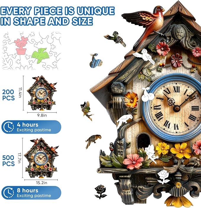 Pikoqunc Wooden Jigsaw Puzzles, Clock House Wooden Puzzles for Adults 500 Pieces with Birds, Unique Vintage Wood Puzzle for Home Décor, Perfect Holiday, 15.2’’ x 17.7’’ Family Game
