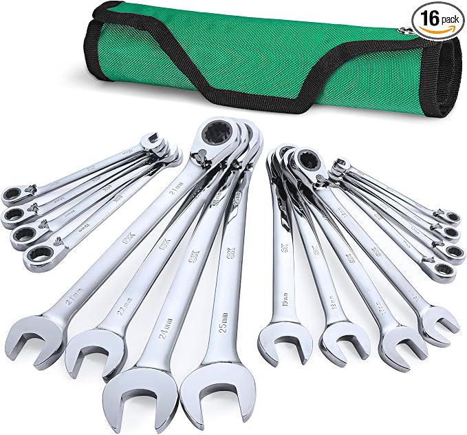 SK Reversible Ratcheting Wrench Set, Combination Wrenches, Metric 16-Piece | Ratchet Wrenches Set 72-Tooth, Chamfered Head Design, Premium CR-V Steel, Roll-Up Pouch
