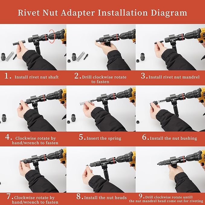 2-in-1 Design Cordless Rivet Gun Adapter and Rivet Nut Adapter,Electric Drill Tools Accessory Kit with Carry Case,7 Metric Mandrels M3 to M12, 6 Rivet Heads 2.4mm to 6.4mm