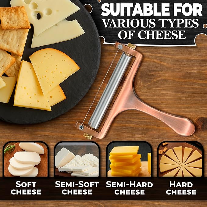 Handheld Wire Cheese Slicer with Adjustable Thickness - Stainless Steel Cheese Slicer with 2 Replacement Wires for Thick & Thin Portion Slices - Suitable for Mozzarella, Cheddar, Gruyere, Raclette