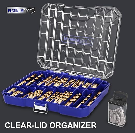 276pc Titanium Twist Drill Bit Set with S2 Bits 135° Tip High Speed Steel, Size from 1/16" up to 1/2", Ideal in Wood Cast Iron Aluminum Alloy Plastic Fiberglass, Clear Lid Case