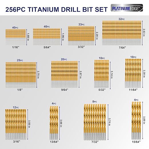 276pc Titanium Twist Drill Bit Set with S2 Bits 135° Tip High Speed Steel, Size from 1/16" up to 1/2", Ideal in Wood Cast Iron Aluminum Alloy Plastic Fiberglass, Clear Lid Case