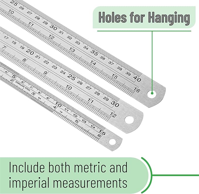 Mr. Pen- Metal Straight Edge Ruler, 3 pcs, 6", 12", 16", Stainless Steel Ruler Set, Imperial & Metric Measurements for Drawing, Home, Office, Engineering