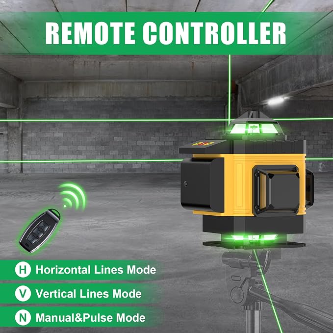 AZZUNO Laser Level 360 Self Leveling Green Beam with LCD Screen, 4x360 lazer leveler tool, Rechargeable Battery & Magnetic Base - Ideal for Construction, Tiling,yellow