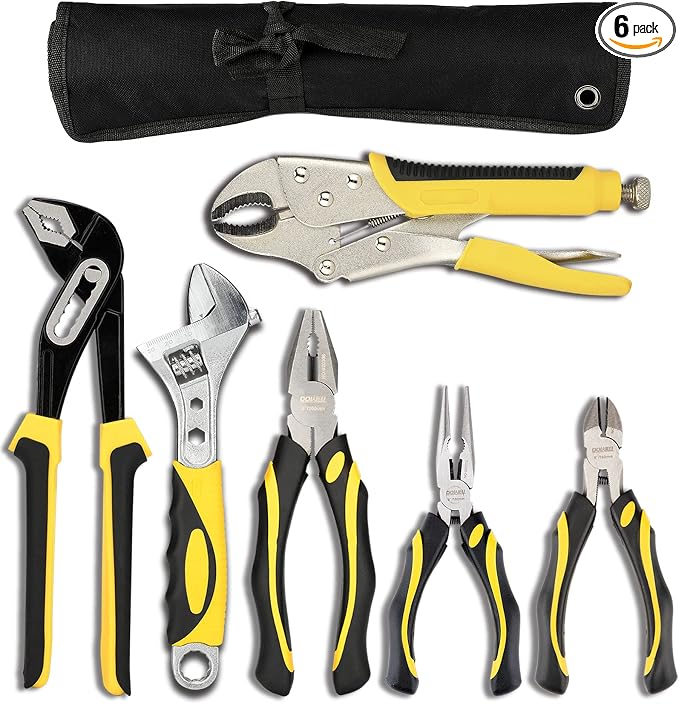 DOWELL Pliers Set - 6-Piece Kit with Groove Joint, Adjustable Wrench, Combination, Locking & Long Nose Diagonal Cutting Pliers