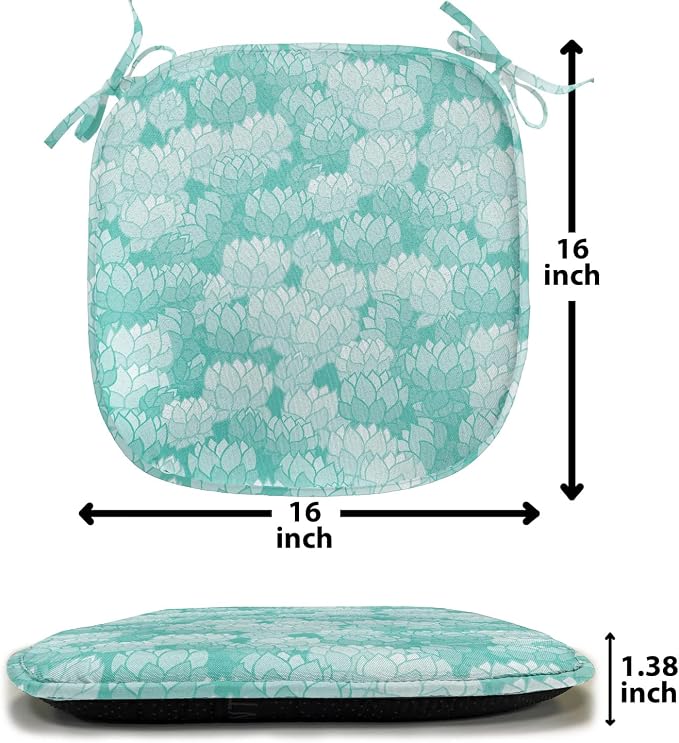 Lunarable Aquamarine Chair Seating Cushion Set of 4, Retro Design Continuous Pattern of Abstract Flowers, Anti-Slip Seat Padding for Kitchen & Patio, 16"x16", Turquoise Pale Seafoam